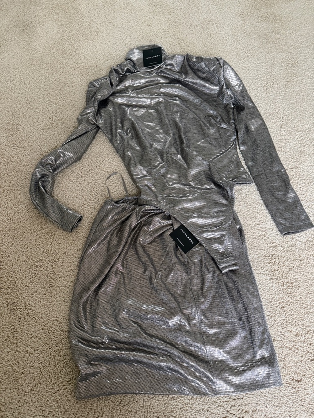 JLUXLABEL Silver Metallic Long-Sleeve Skirt and Top Two Piece Set